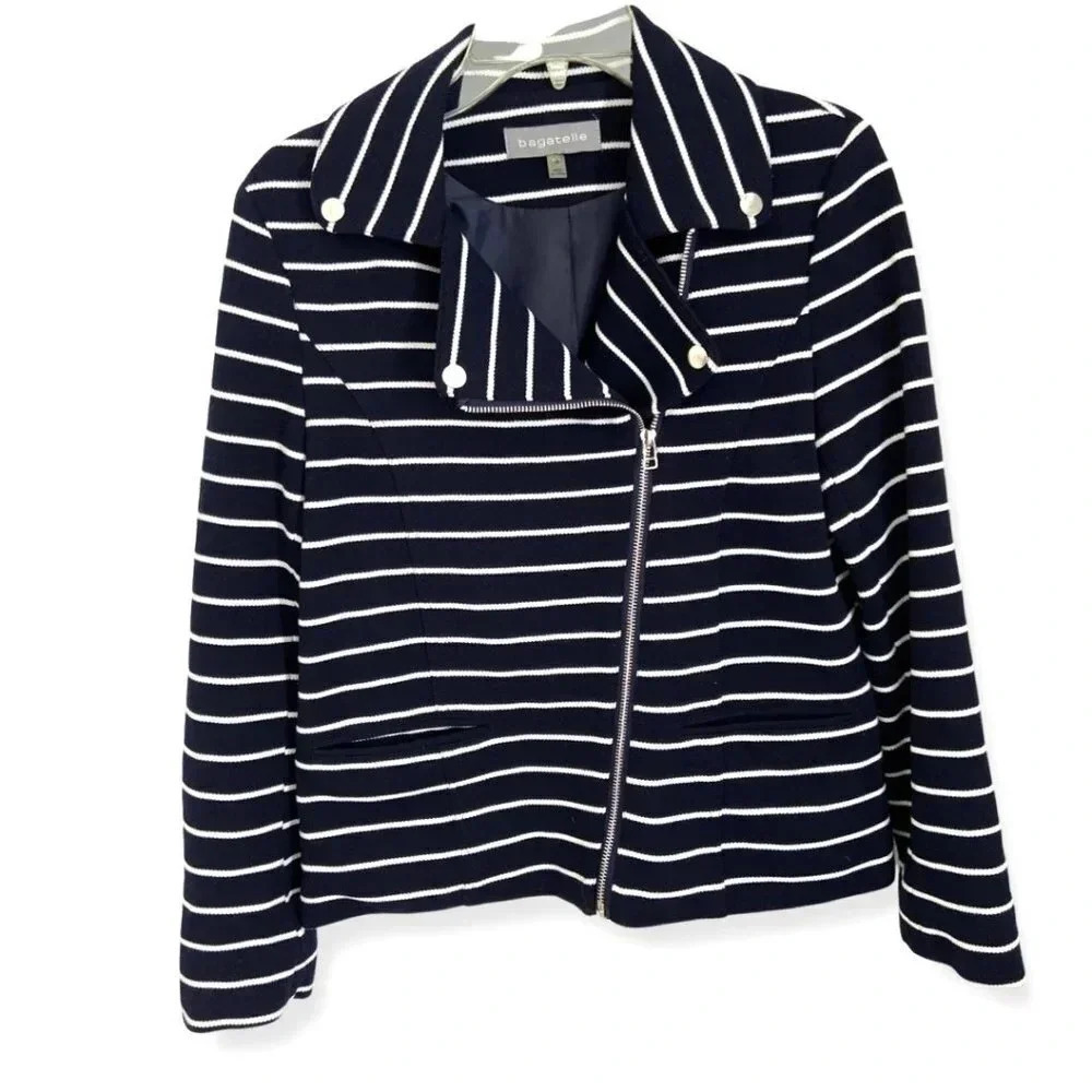 Bagatelle Navy and White  Stripe Moto Jacket with Silver Accents  Size Small EUC